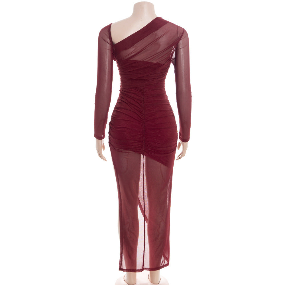 MB1320 One-Shoulder Mesh Long Sleeve Ruched Maxi Dress