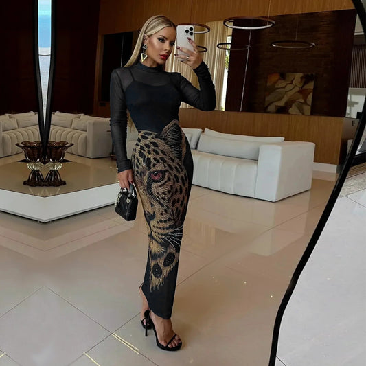 MB1608 Black 2-Piece Dress Set - Mini Dress + Leopard Head Print Maxi Overlay