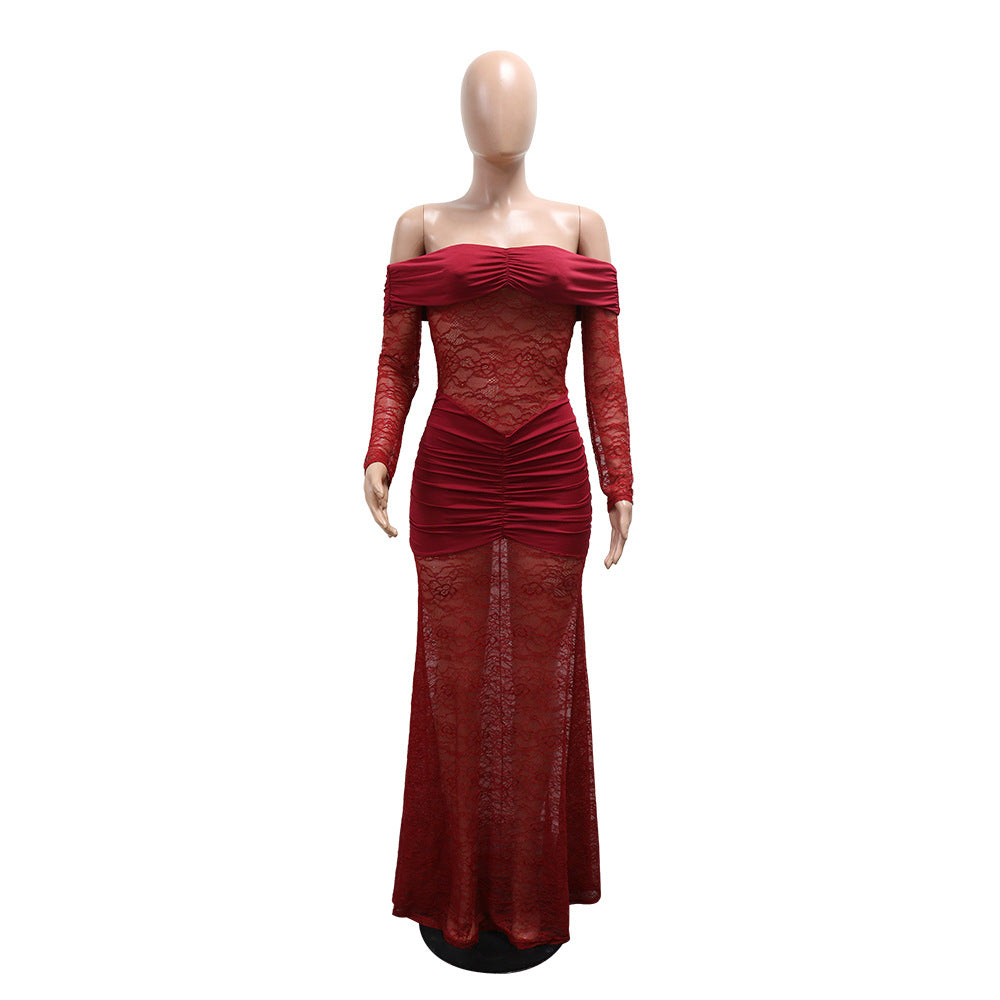 MB1216 Burgundy Lace Ruched Bodycon Maxi Dress