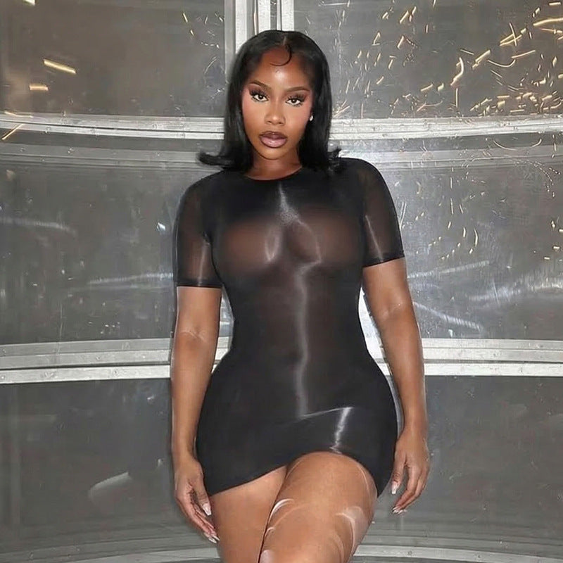 MB1464 Sheer Mesh Mock‑Neck Short‑Sleeve Bodycon Mini Dress