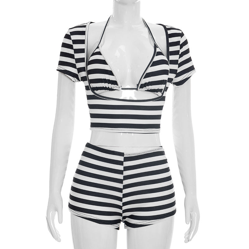 MB10164 Striped 3 Piece Outfit Women | Halter Tie Bralette + Short Sleeve Crop Top + Ruched Drawstring Shorts Matching Set