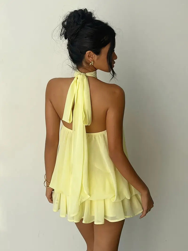 MB2001  Halter Backless Mini Dress - Flowy Ruffle Chiffon Party Dress for Women 