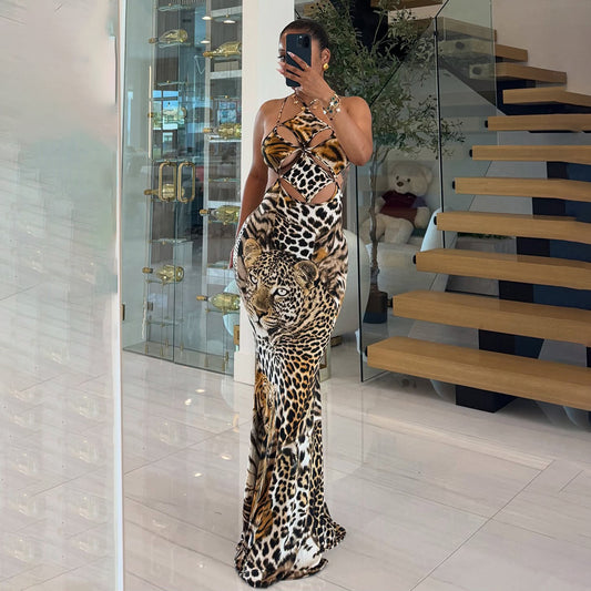 MB1817 Women's Tiger & Leopard Animal Print Side Slit Maxi Dress