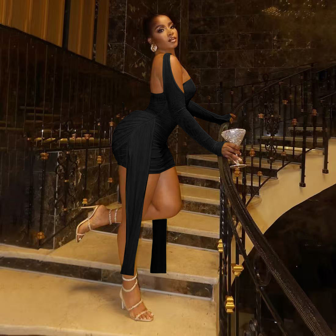 MB1808 Women's Ruched Tulle Sleeve Mini Dress