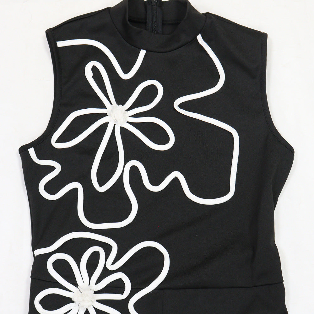 MB1224 Sleeveless High Neck Floral Embroidery Wide Leg Jumpsuit