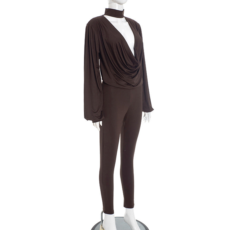 MB10137 Women’s Deep V Long Sleeve Top & Skinny Pants 2-Piece Set