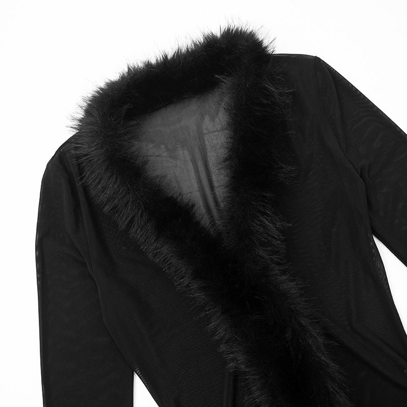 MB10134 Women's Black Sheer Mesh Faux Fur Trim Cardigan Top