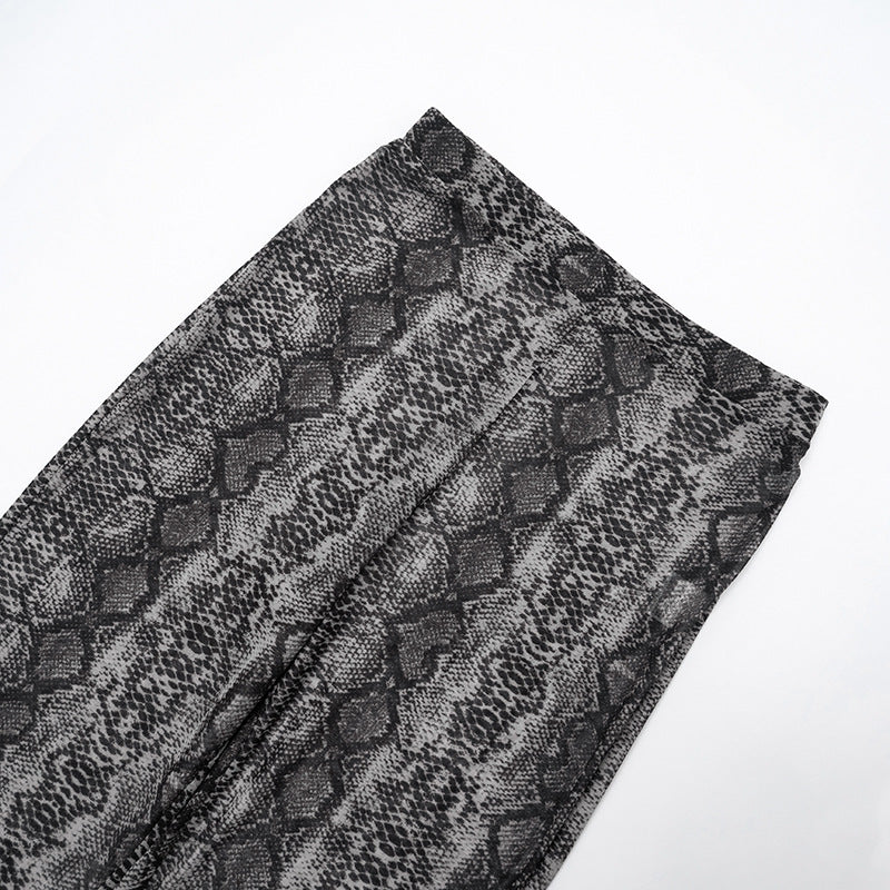 MB10109 Snake Print Mesh 2-Piece Set - Long Sleeve Top & Flared Pants