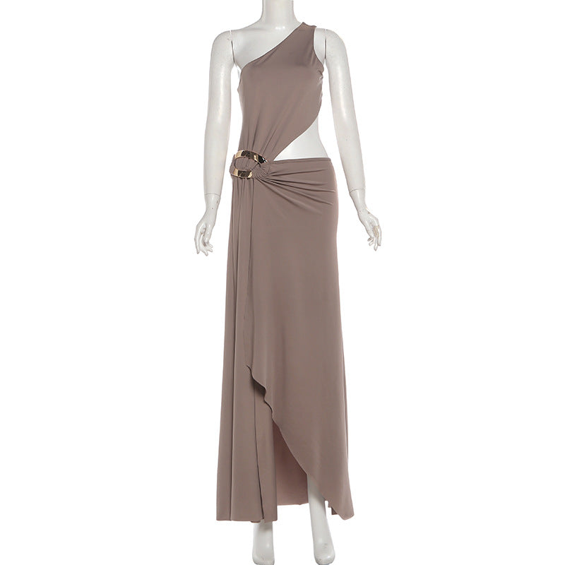 MB1157 Taupe One Shoulder Cutout Maxi Dress