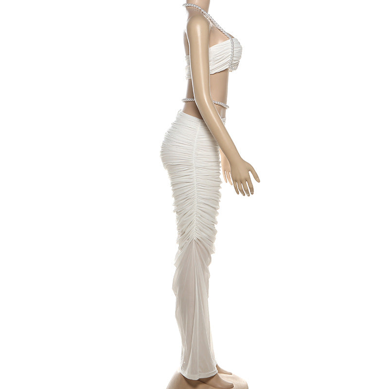 MB1128 Pearl Accent Crop Top & Ruched Bodycon Maxi Skirt Two Piece Set