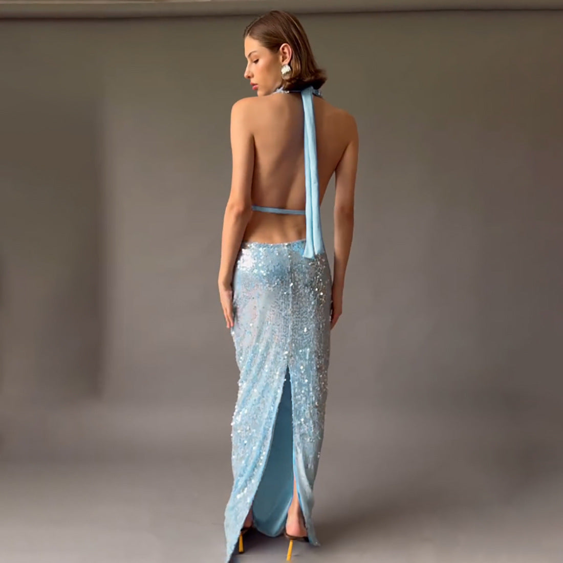 MB1149 Women’s Light Blue Halter Neck Sequin Maxi Dress