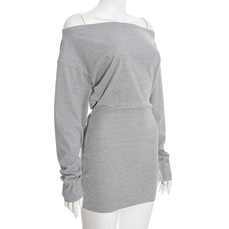 MB1441 Off Shoulder Knit Mini Dress with Tie Waist and Balloon Sleeves