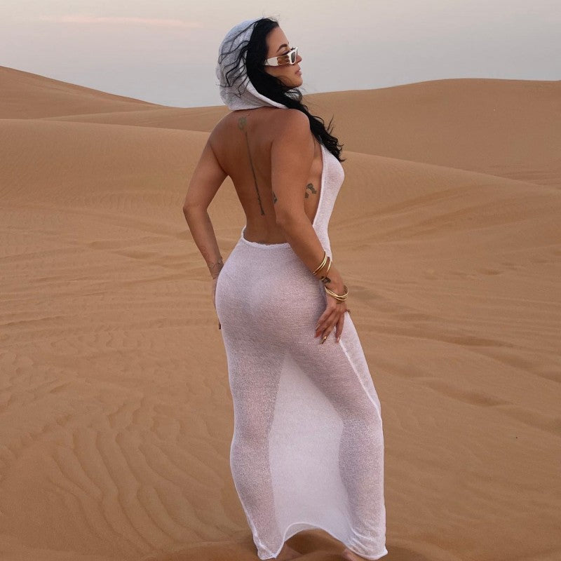 MB1303 Hood Backless Maxi Dress