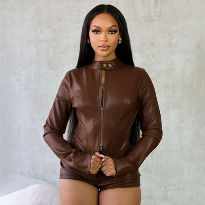 MB1040 Stand Collar PU Leather Zip-Up Jacket