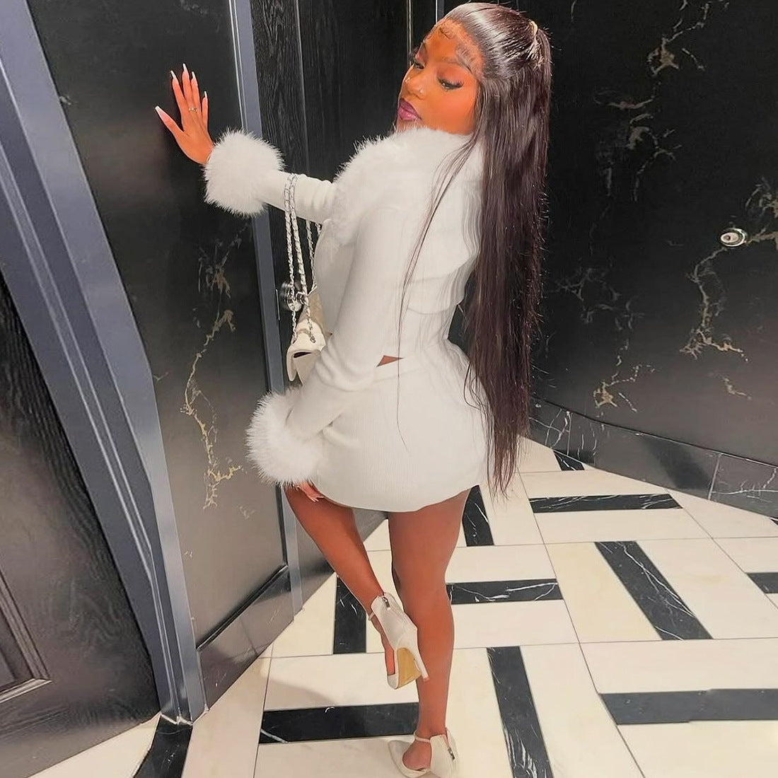 MB1813 Women's Faux Fur 3-Piece Set Crop Top Mini Skirt Long Sleeve Shrug