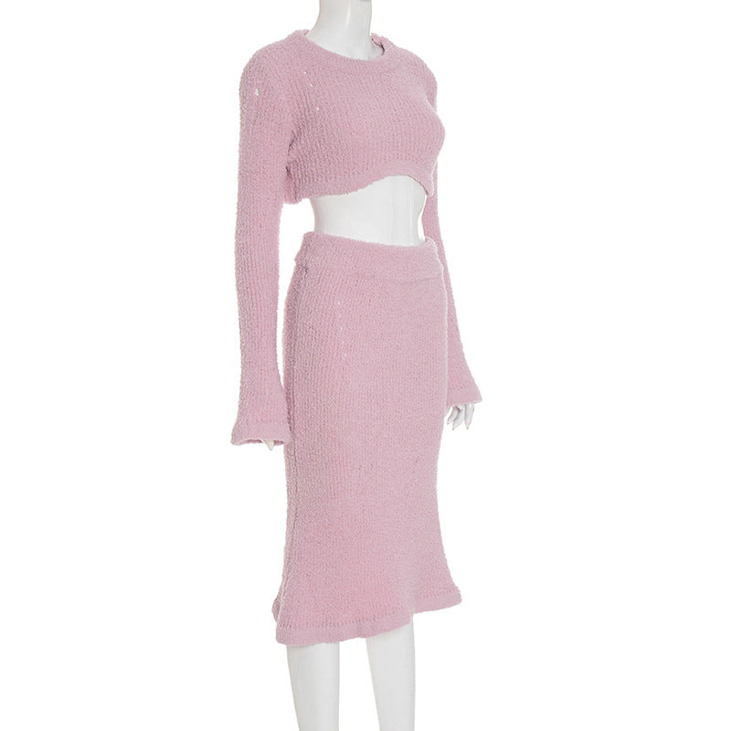 MB1080 Knit Crop Top & Fishtail Skirt Two-Piece Set for Women