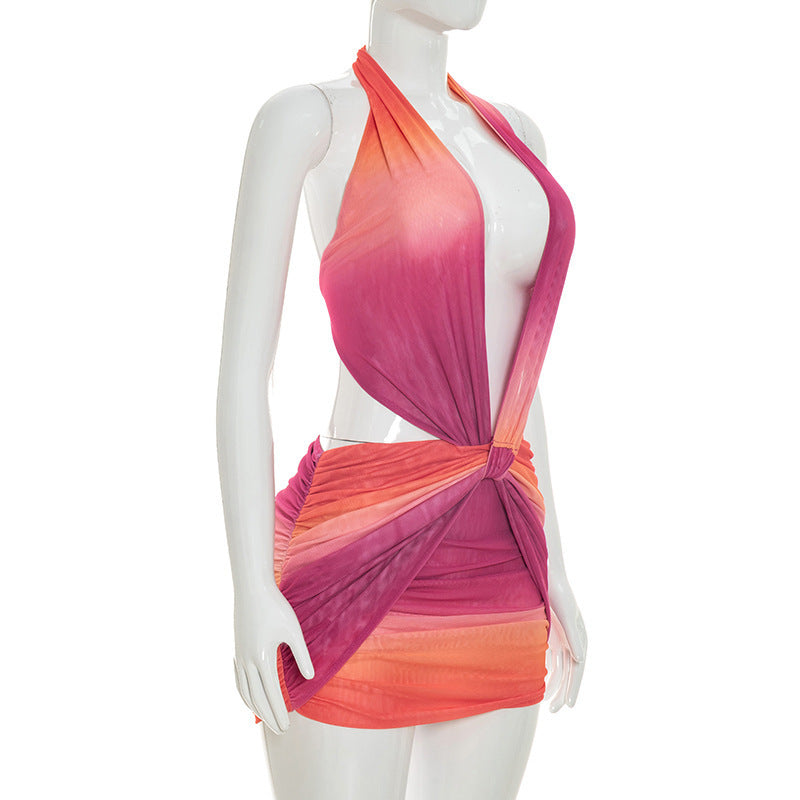 MB1463 Halter Deep‑V Cut‑Out Waist 2‑Piece Mesh Mini Skirt Set