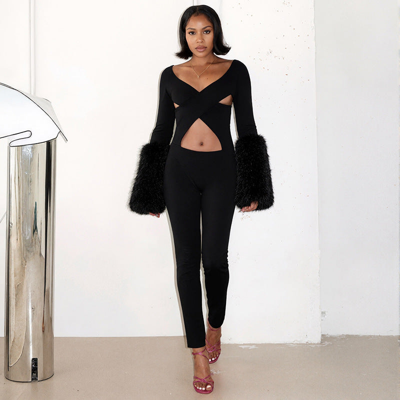 MB10139 Women’s Cutout Crisscross Faux Fur Cuff Jumpsuit
