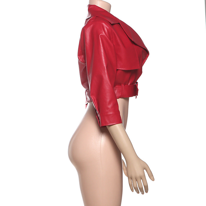 MB1528 Women's Faux Leather Low Neck Crop Jacket