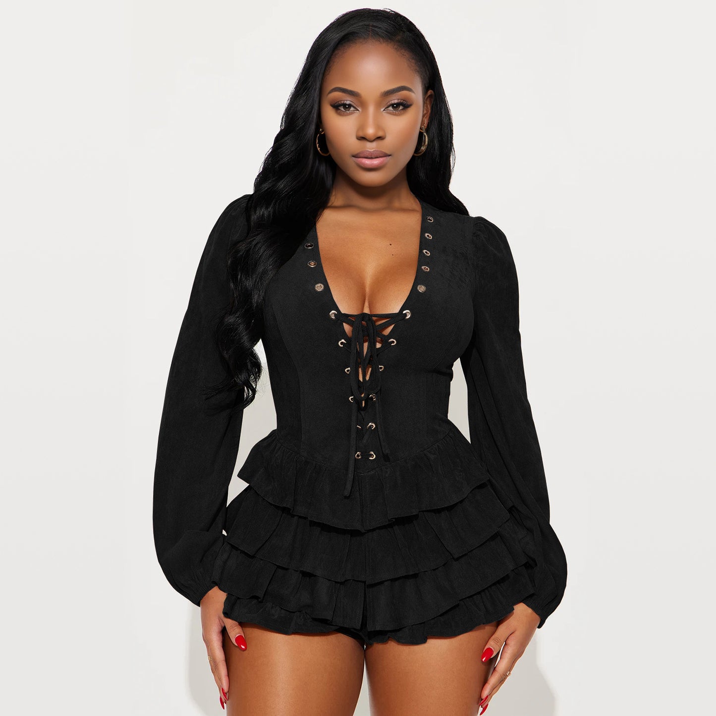 MB1610 Faux Suede Corset Mini Dress - Tiered Ruffle Party Dress