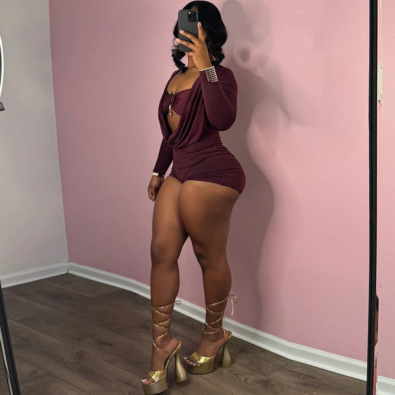 MB1501 Deep V Ruched Long Sleeve Romper