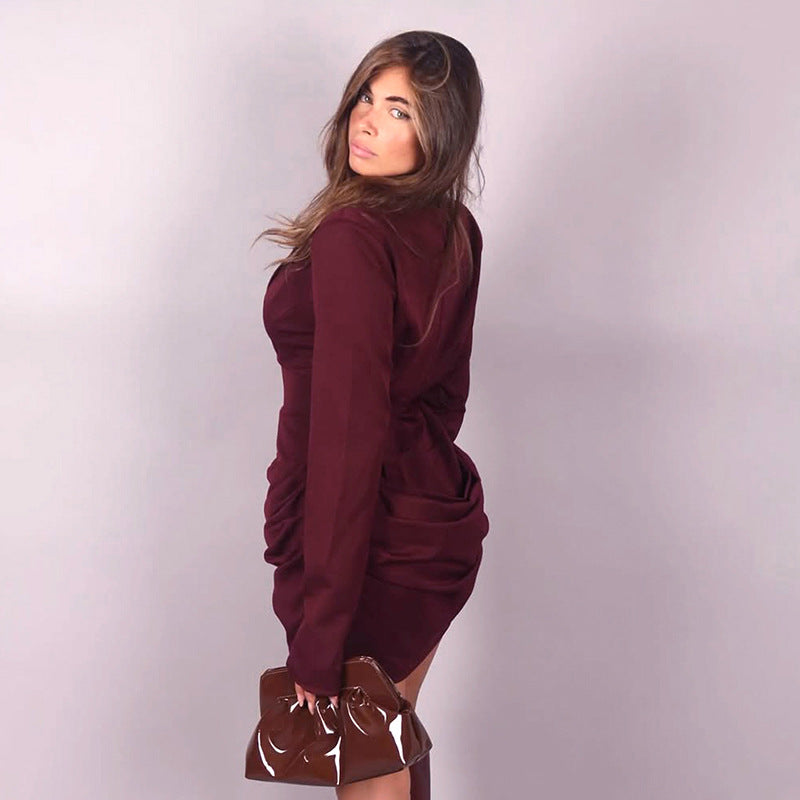 MB1438 Women's Deep V-Neck Ruched Bodycon Mini Dress