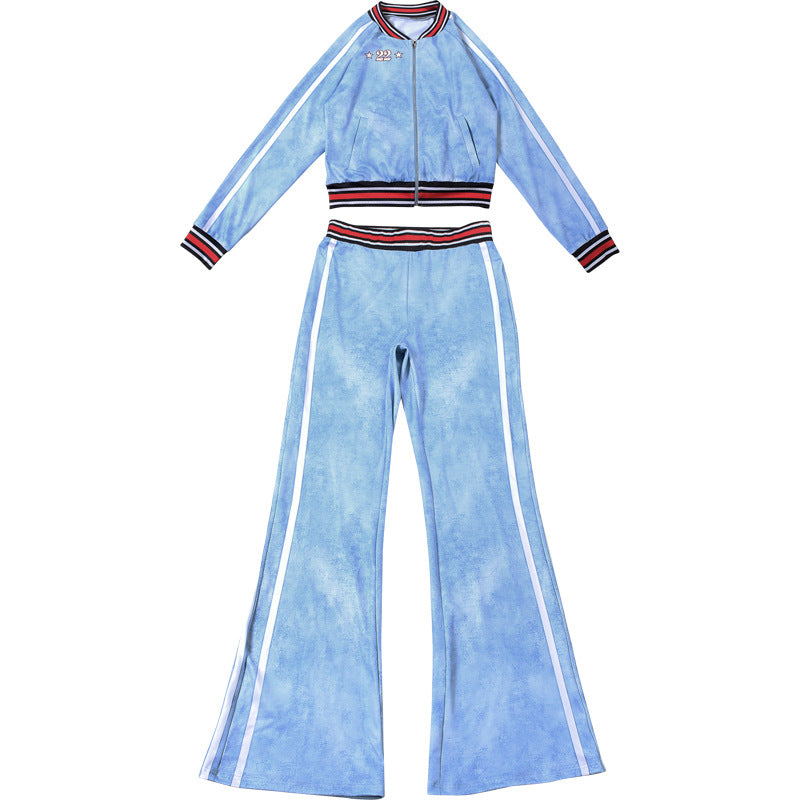 MB1526 Women's Sky Blue Acid Wash Velour 2 Piece Tracksuit