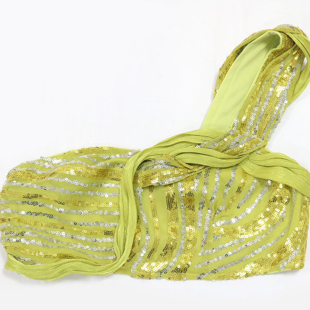 MB1219 Sequin One-Shoulder Crop Top & Bodycon Maxi Skirt Two Piece Set