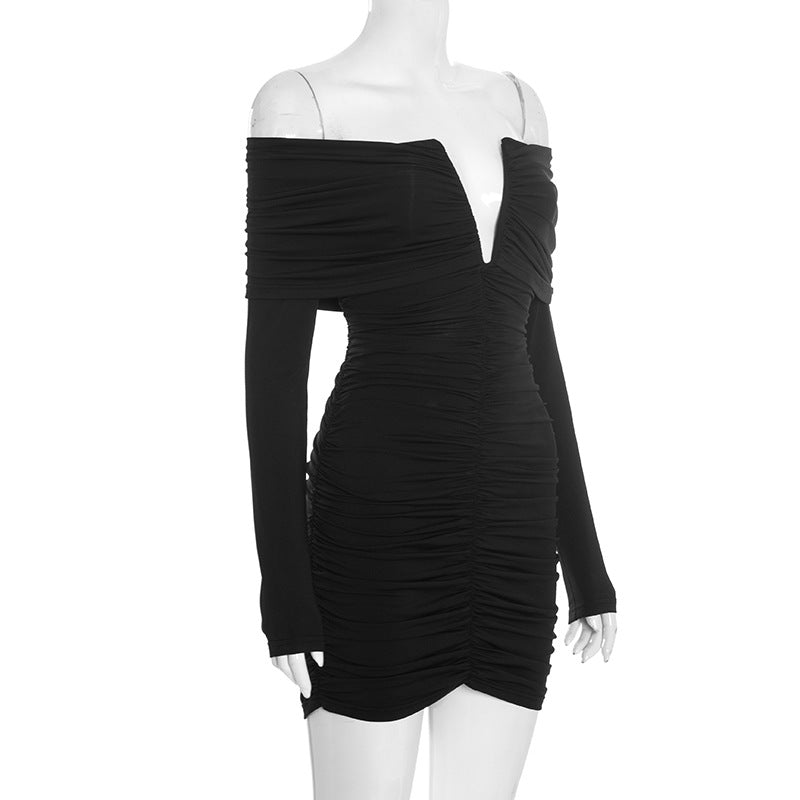MB1410 Off-The-Shoulder Deep V Ruched Bodycon Mini Dress