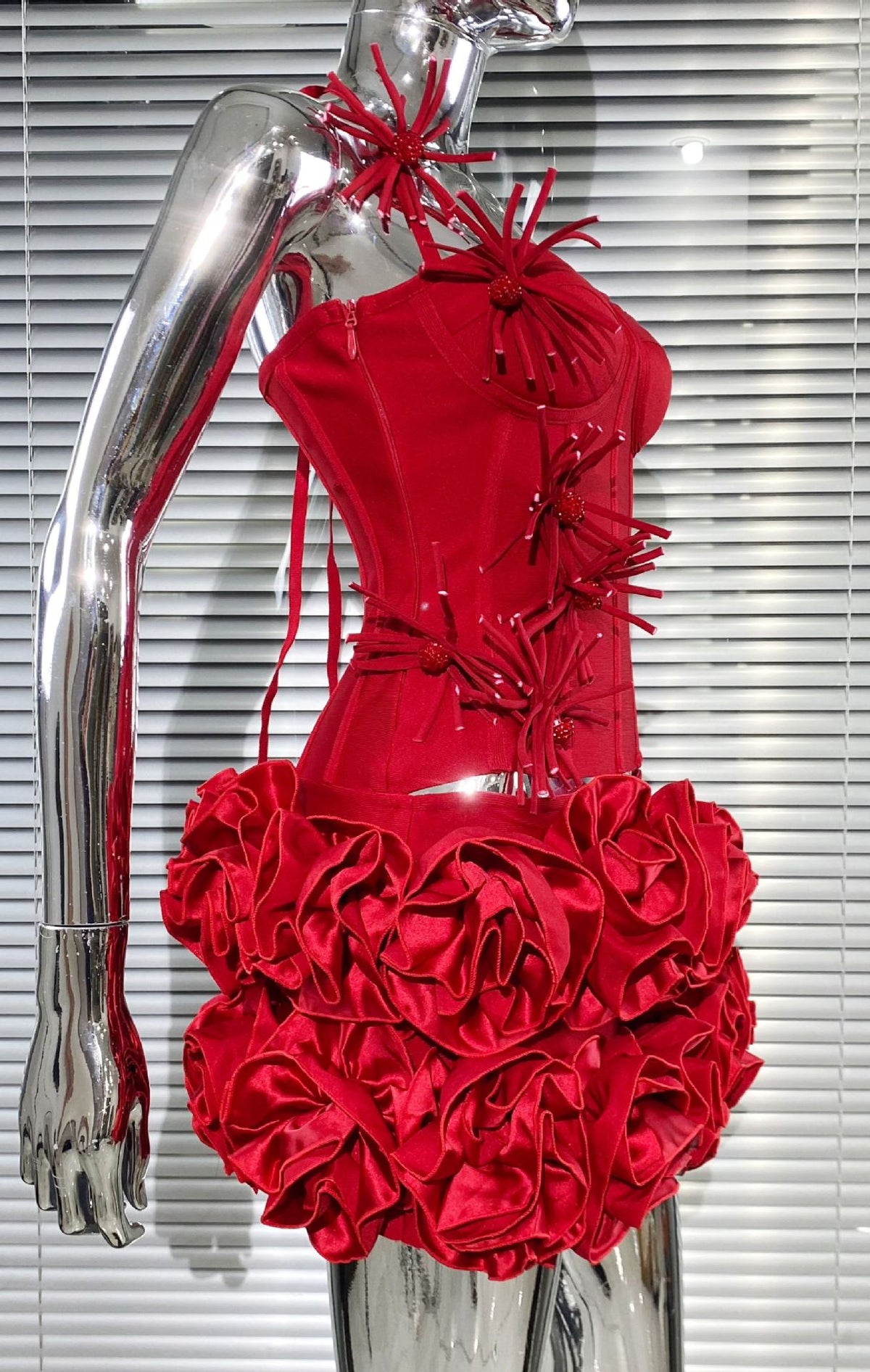 MB2110 3D Floral Ruffle Two‑Piece Bandage Set, Halter Top Mini Skirt utfit