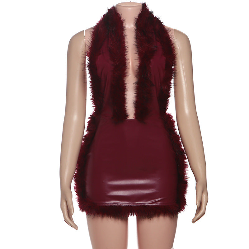 MB1507 Faux Leather Halter Mini Dress with Faux Fur Trim