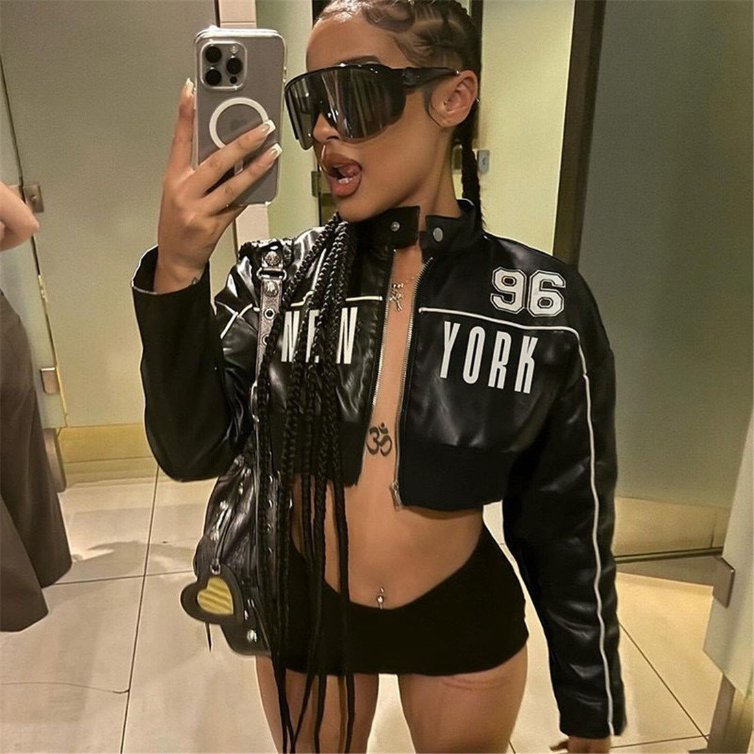 MB1106 Black Cropped PU Leather Bomber Jacket