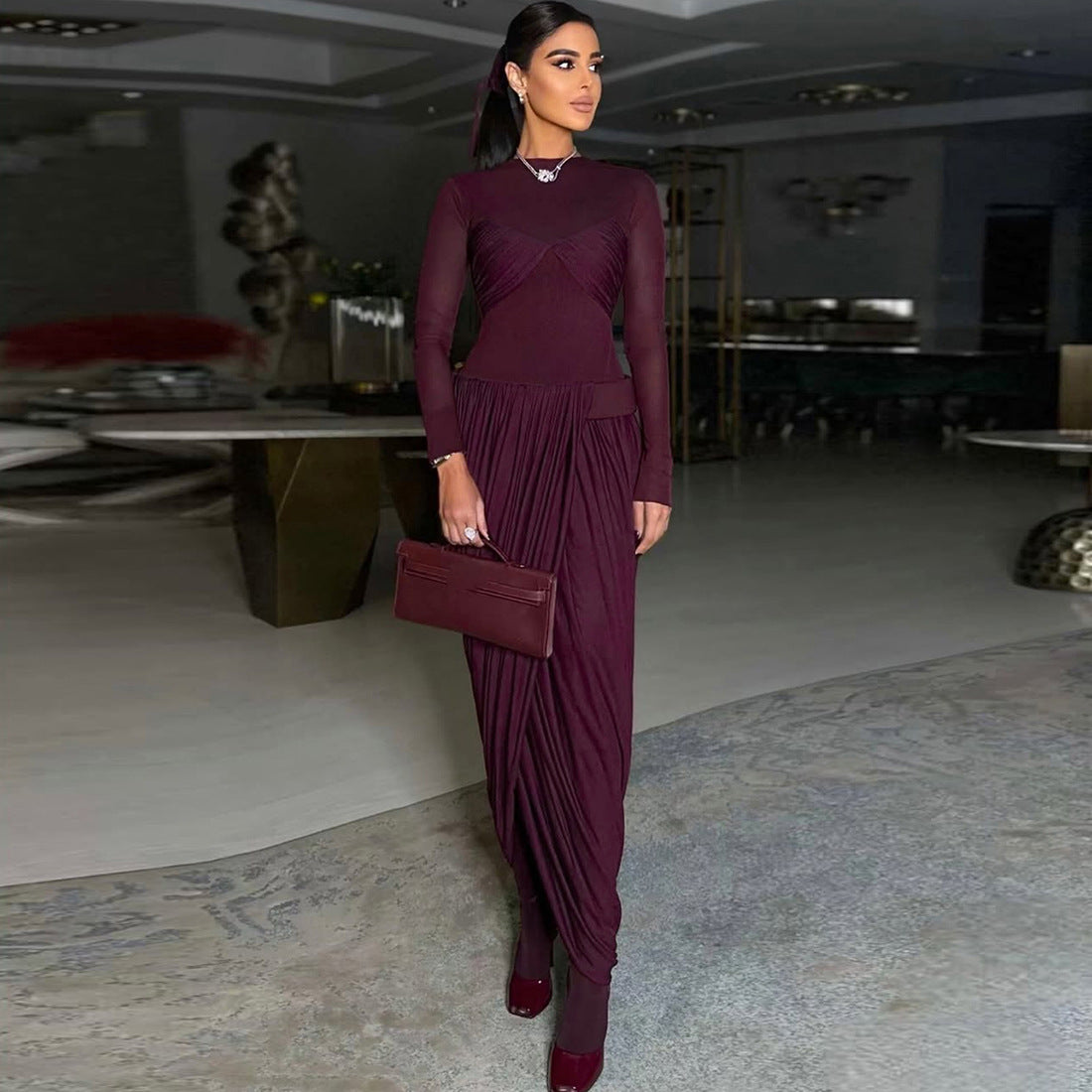 MB1518 Burgundy Mesh Ruched Long Sleeve Maxi Dress