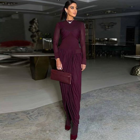 MB1518 Burgundy Mesh Ruched Long Sleeve Maxi Dress