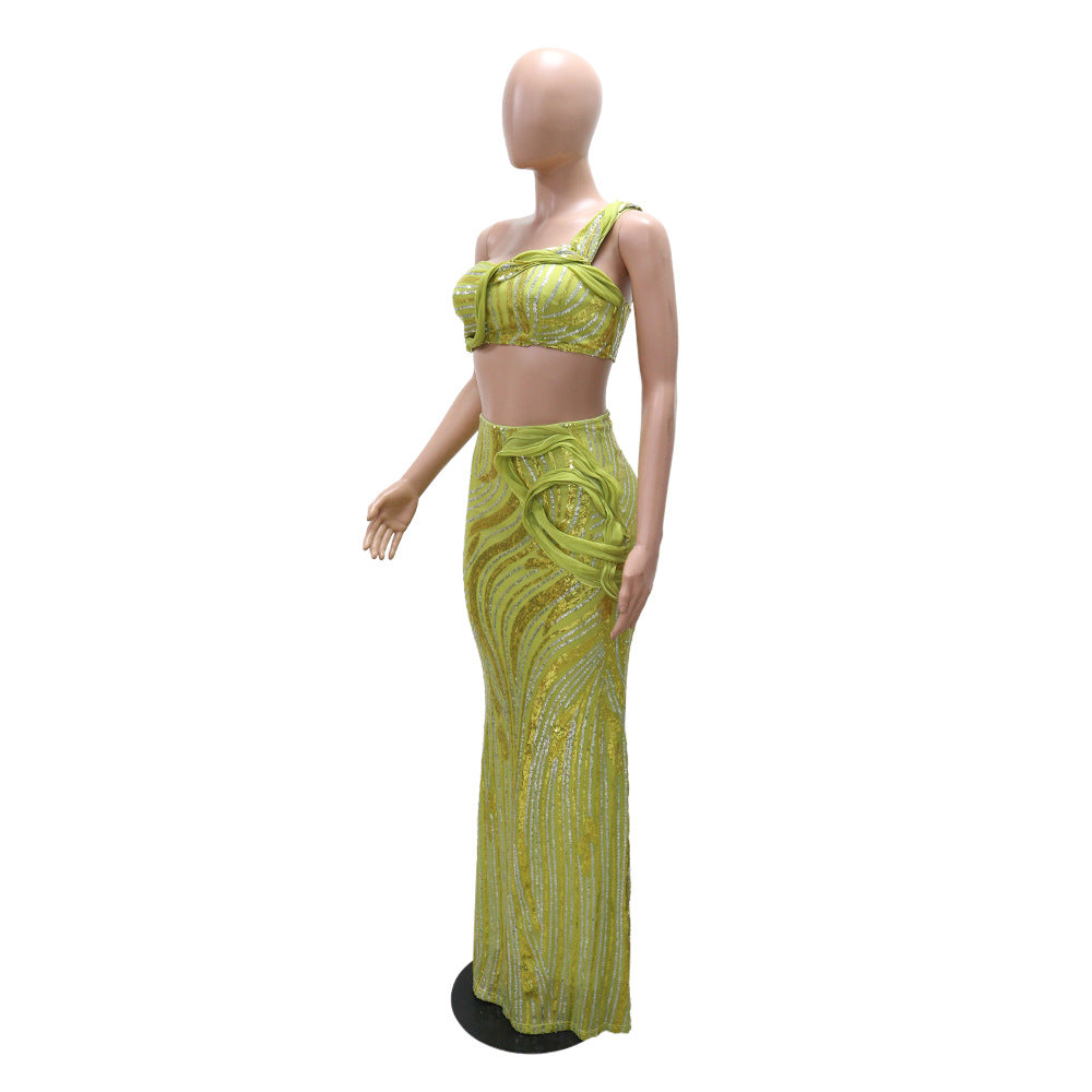 MB1219 Sequin One-Shoulder Crop Top & Bodycon Maxi Skirt Two Piece Set