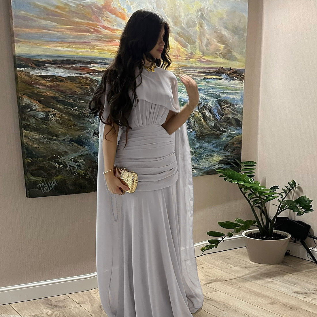 MB1121 Cape Back Ruched Maxi Dress