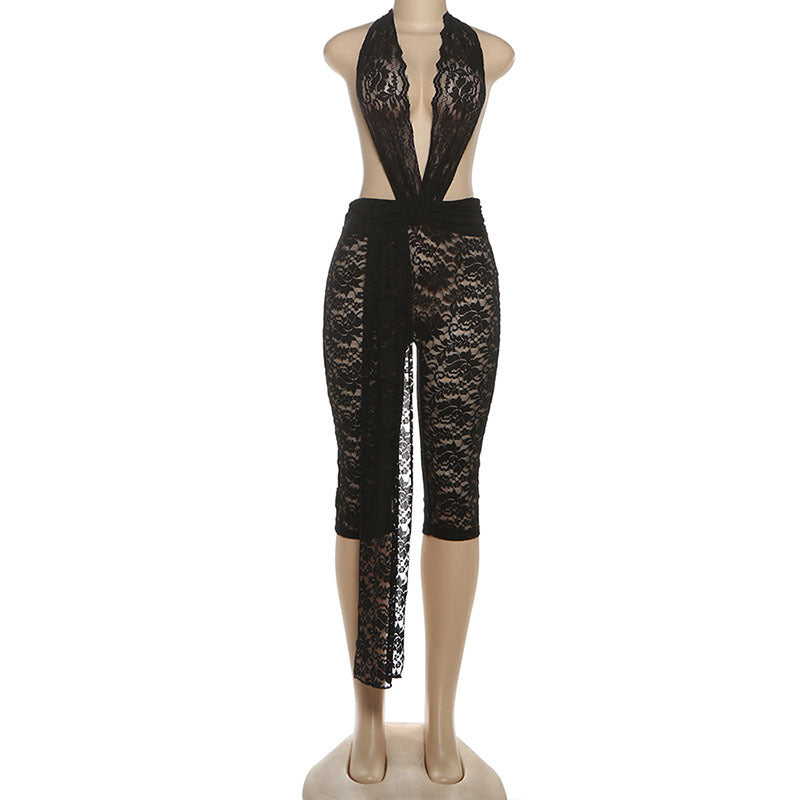 MB1119 Black Lace Halter Backless Skinny Jumpsuit
