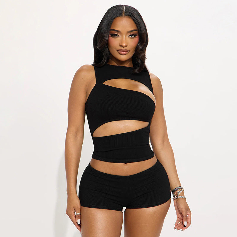 MB10165 Ribbed Cutout Sleeveless Crop Top & Mini Shorts 2 Piece Outfit | Women Solid Color Matching Loungewear Set