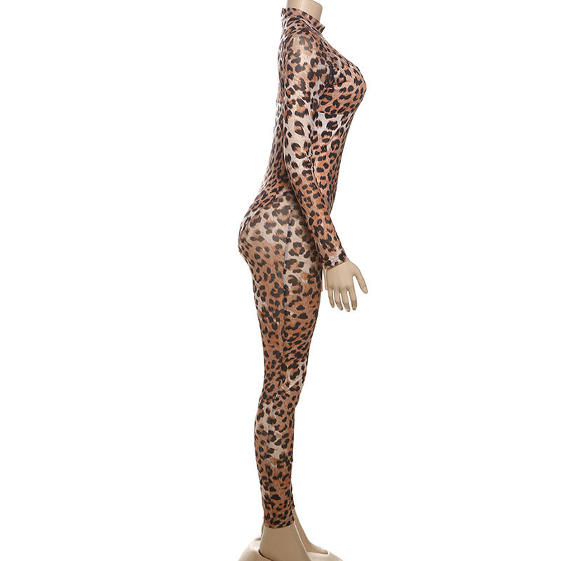 MB1136 Leopard Print Long-Sleeve Bodycon Jumpsuit