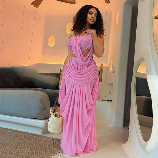 MB1901 Pink Two-Piece Mesh Set – Spaghetti Strap Crop Top & High Waist Maxi Skirt