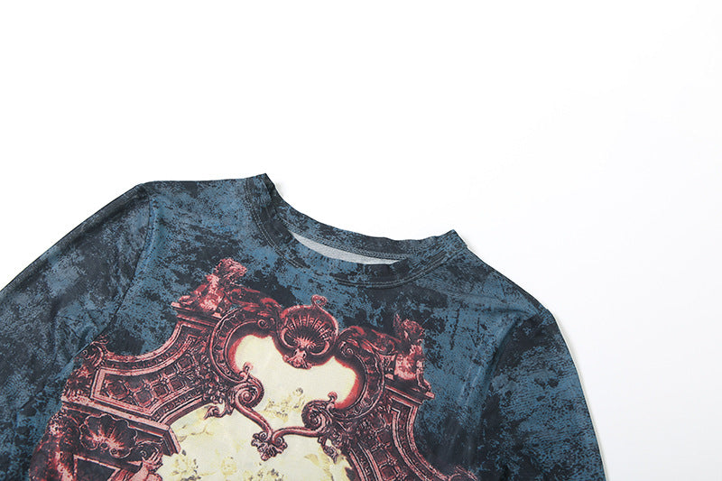 MB1138 Vintage Print Long Sleeve Mesh Top