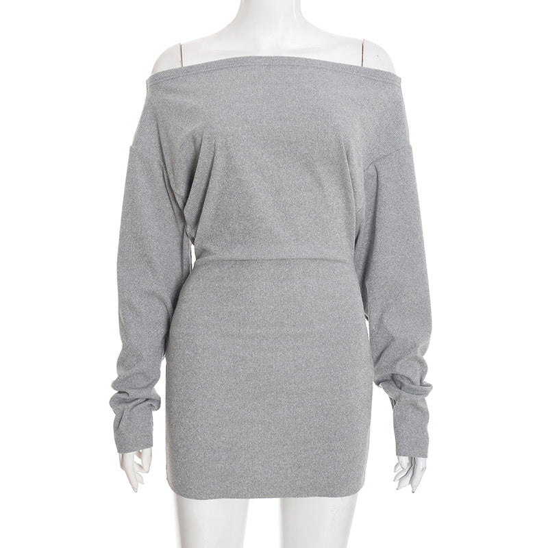 MB1441 Off Shoulder Knit Mini Dress with Tie Waist and Balloon Sleeves