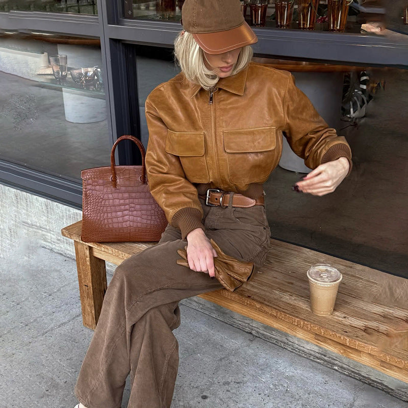 MB1137 Tan Cropped PU Leather Bomber Jacket with Cargo Pockets