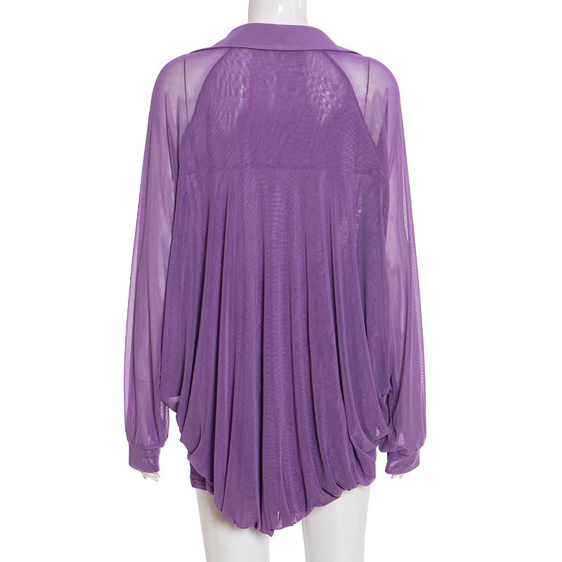 MB1401 Sheer Mesh Collared Crop Top & Mini Skirt 2-Piece Set