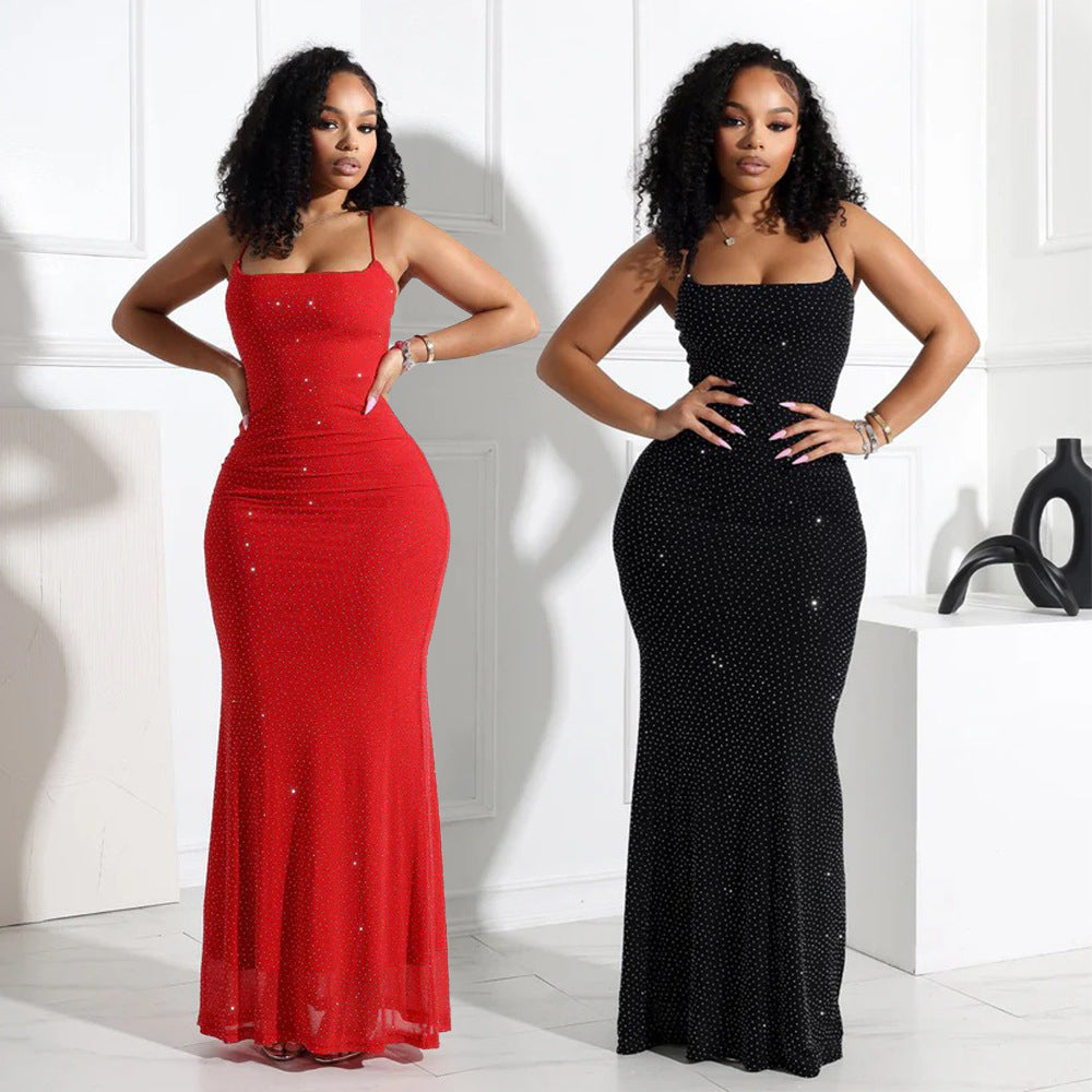 MB1225 Rhinestone Spaghetti Strap Bodycon Maxi Dress