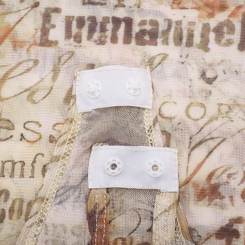 MB10124 Vintage Text Print Sheer Mesh Two Piece Set - Bodysuit & Skinny Pants