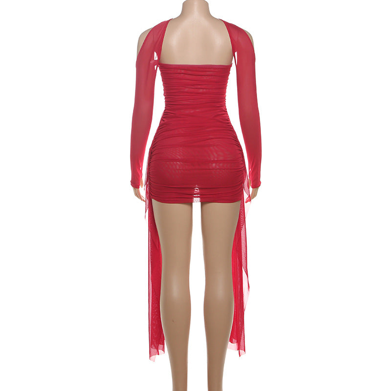 MB1808 Women's Ruched Tulle Sleeve Mini Dress