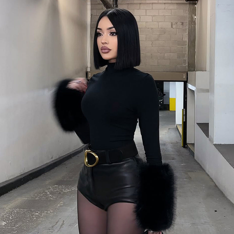 MB10135 Women’s Long Sleeve Fur Cuff Bodysuit