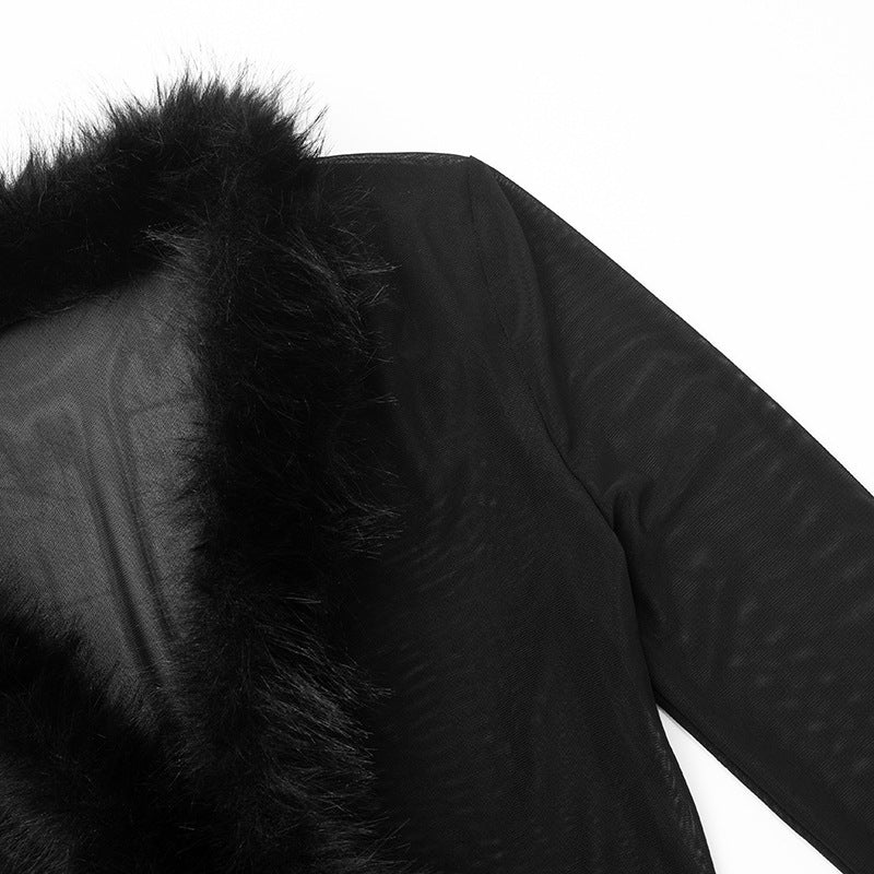 MB10134 Women's Black Sheer Mesh Faux Fur Trim Cardigan Top