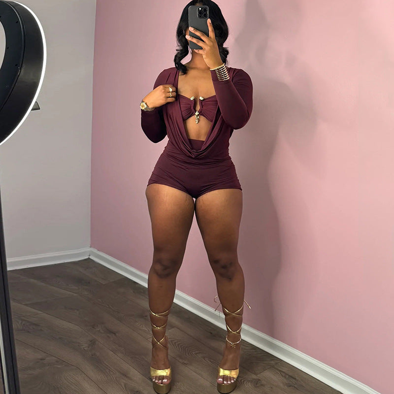 MB1501 Deep V Ruched Long Sleeve Romper